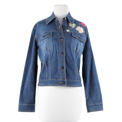 V Very Vera Sz M Blue Denim Floral Embroider Beaded Collared Ramie Cotton Jacket