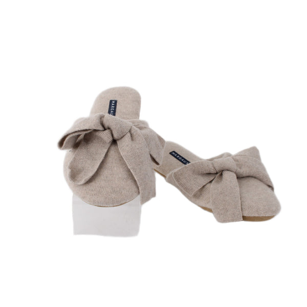 Margaux Slippers Sz S Tan Gray Heather Bow Cashmere Upper Leather Sole Slippers