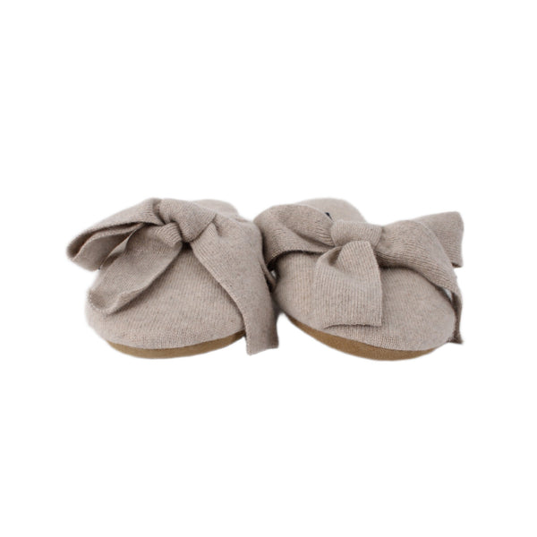 Margaux Slippers Sz S Tan Gray Heather Bow Cashmere Upper Leather Sole Slippers