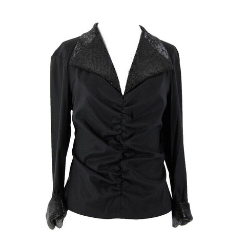 Samuel Dong Sz M Black Beaded V Neck Ruched Long Sleeve Poly Nylon Top
