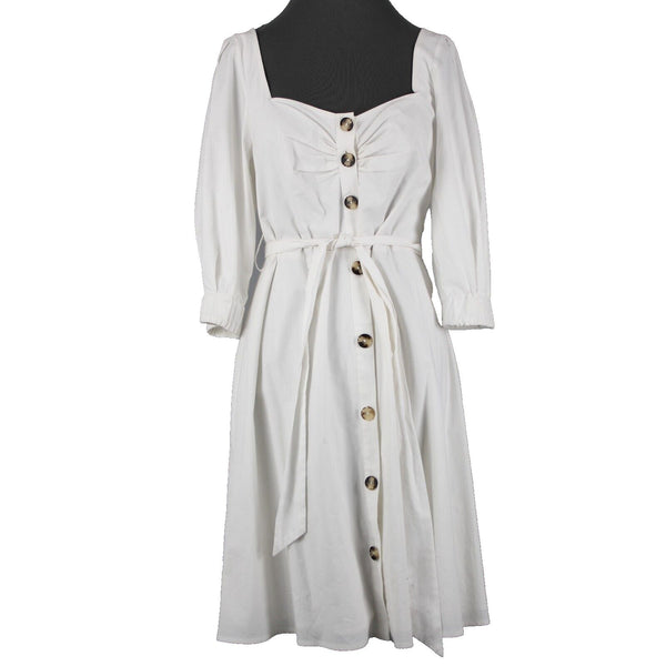 LPA Sz S Ivory White Belted Sweetheart Scoop Neck Button Front Shirt Dress