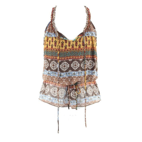 Stylebook Sally NEW $30 Sz M Brown Gold Aqua Multi 100% Polyester Top