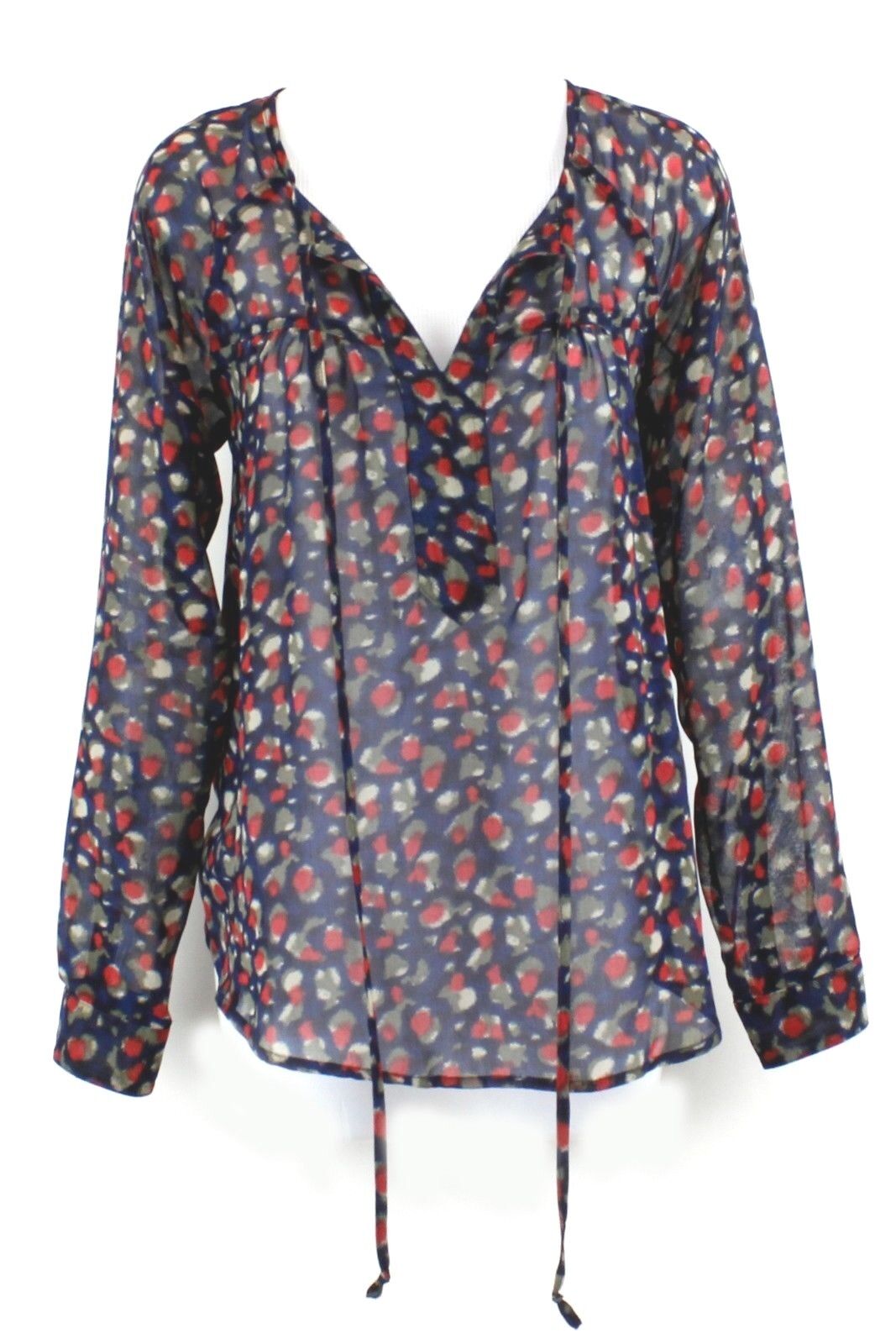 Sandra Ingrish Sz XS Navy Taupe Red Tie Collar LS Boho Sheer Polyester Top