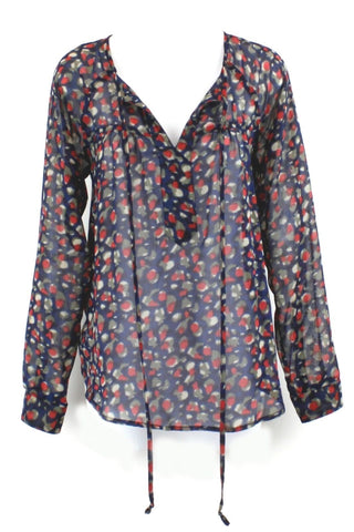 Sandra Ingrish Sz XS Navy Taupe Red Tie Collar LS Boho Sheer Polyester Top