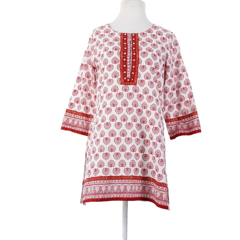 Rangriti Sz 36 Red White Ethnic Embroidered 3/4 Sleeve 100% Cotton Top
