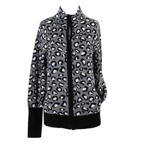 Rachel Zoe Sz L Gray Black White Animal Zip Front Cotton Blend Jacket