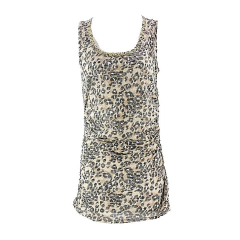 INC Sz M Black Tan Gray Animal Sleeveless Spangled Scoop Neck Side Ruch Top