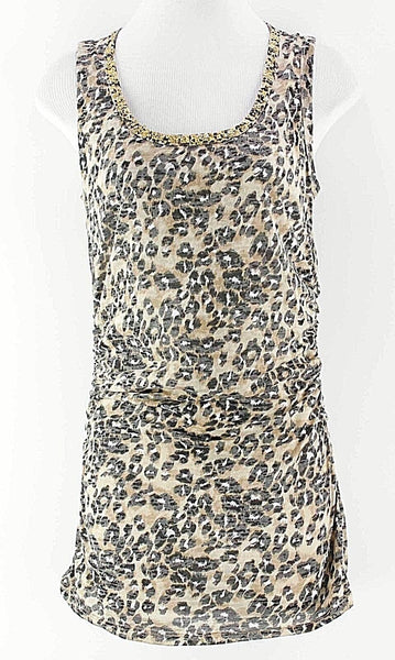 INC Sz M Black Tan Gray Animal Sleeveless Spangled Scoop Neck Side Ruch Top