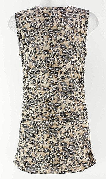 INC Sz M Black Tan Gray Animal Sleeveless Spangled Scoop Neck Side Ruch Top