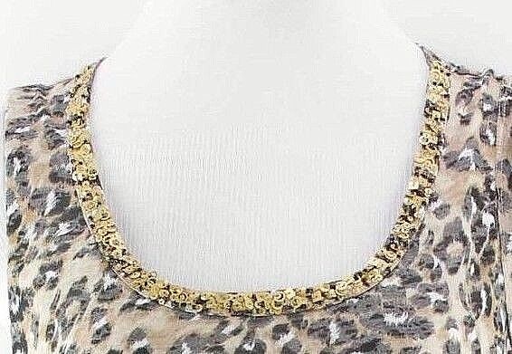 INC Sz M Black Tan Gray Animal Sleeveless Spangled Scoop Neck Side Ruch Top
