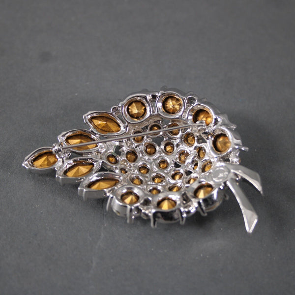 St John Leaf Curved Shape Silvertone Rhinestones  3" Statement Brooch Pin