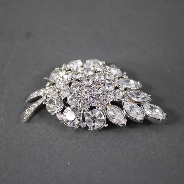 St John Leaf Curved Shape Silvertone Rhinestones  3" Statement Brooch Pin