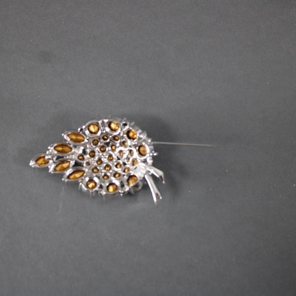 St John Leaf Curved Shape Silvertone Rhinestones  3" Statement Brooch Pin