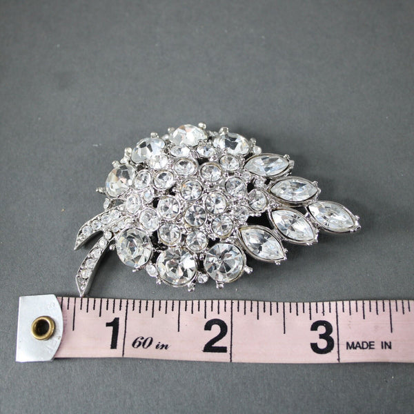 St John Leaf Curved Shape Silvertone Rhinestones  3" Statement Brooch Pin