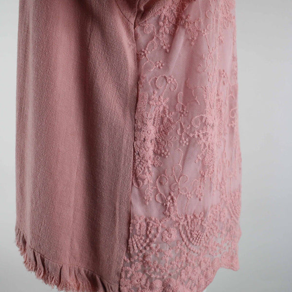 Umgee Sz S Pink Gauze Lacey Embroidered Back Insert Asymm Linen Cotton Poly Top