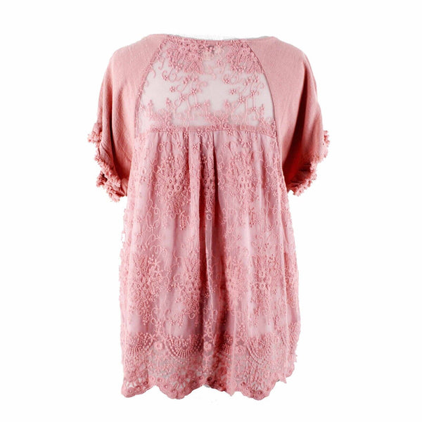 Umgee Sz S Pink Gauze Lacey Embroidered Back Insert Asymm Linen Cotton Poly Top