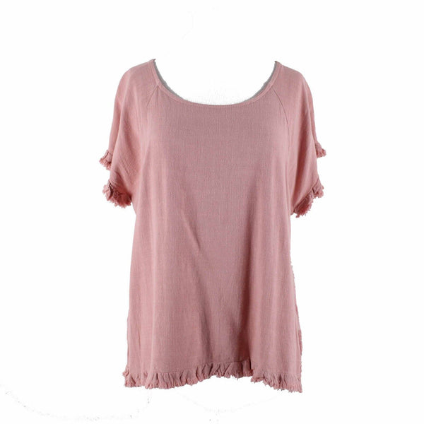 Umgee Sz S Pink Gauze Lacey Embroidered Back Insert Asymm Linen Cotton Poly Top