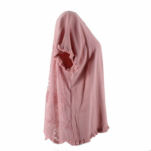 Umgee Sz S Pink Gauze Lacey Embroidered Back Insert Asymm Linen Cotton Poly Top