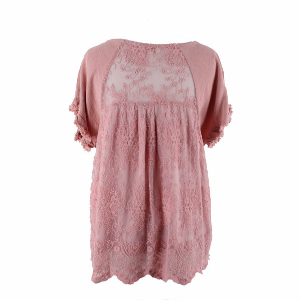 Umgee Sz S Pink Gauze Lacey Embroidered Back Insert Asymm Linen Cotton Poly Top