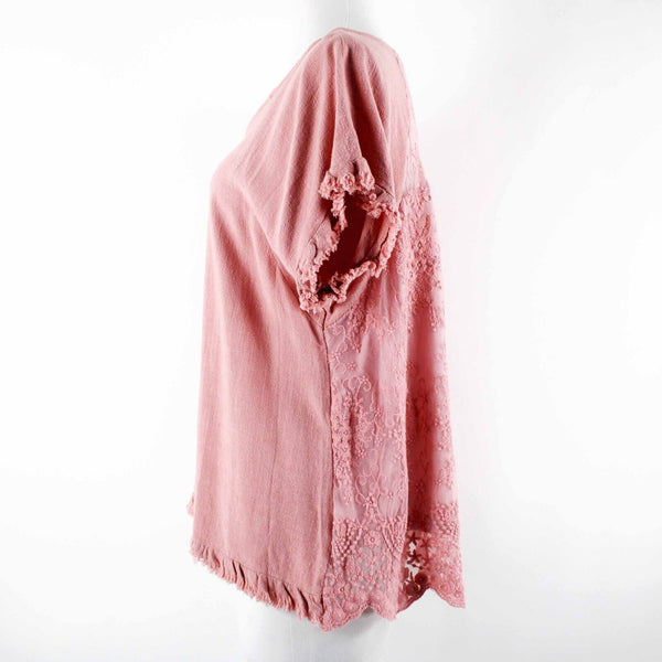 Umgee Sz S Pink Gauze Lacey Embroidered Back Insert Asymm Linen Cotton Poly Top