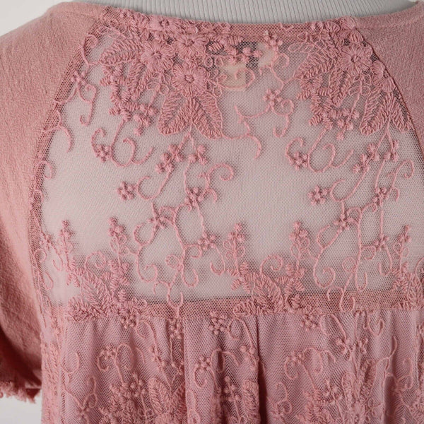 Umgee Sz S Pink Gauze Lacey Embroidered Back Insert Asymm Linen Cotton Poly Top