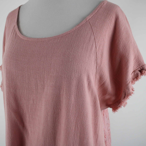 Umgee Sz S Pink Gauze Lacey Embroidered Back Insert Asymm Linen Cotton Poly Top