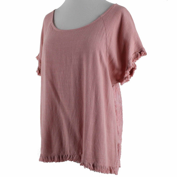 Umgee Sz S Pink Gauze Lacey Embroidered Back Insert Asymm Linen Cotton Poly Top