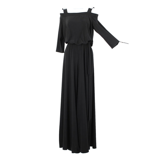 S Levine Sz M Black Rhinestone Off Shoulder Wide Leg Polyester Spandex Jumpsuit