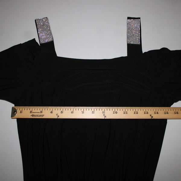 S Levine Sz M Black Rhinestone Off Shoulder Wide Leg Polyester Spandex Jumpsuit