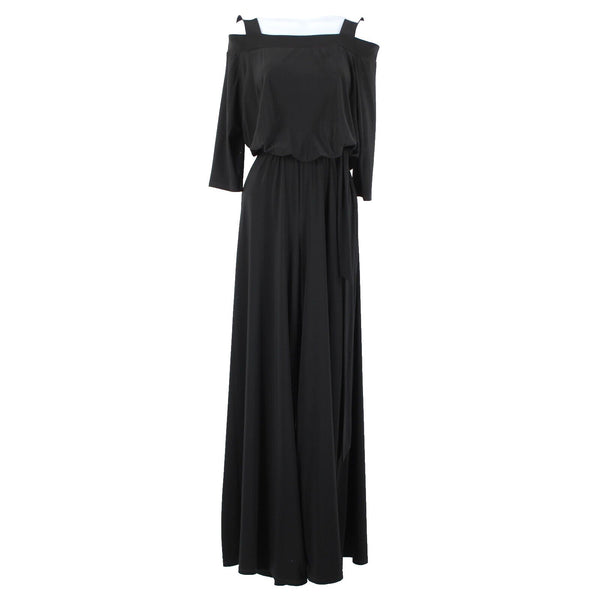 S Levine Sz M Black Rhinestone Off Shoulder Wide Leg Polyester Spandex Jumpsuit