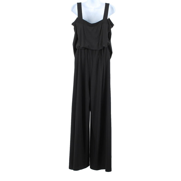 S Levine Sz M Black Rhinestone Off Shoulder Wide Leg Polyester Spandex Jumpsuit