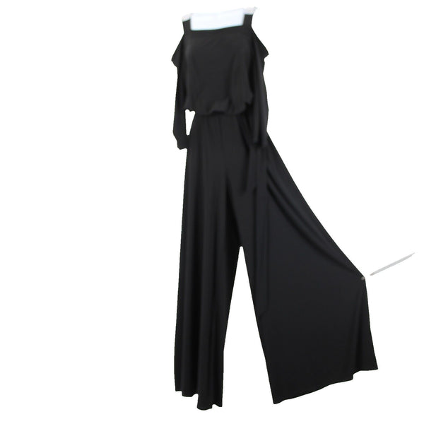 S Levine Sz M Black Rhinestone Off Shoulder Wide Leg Polyester Spandex Jumpsuit