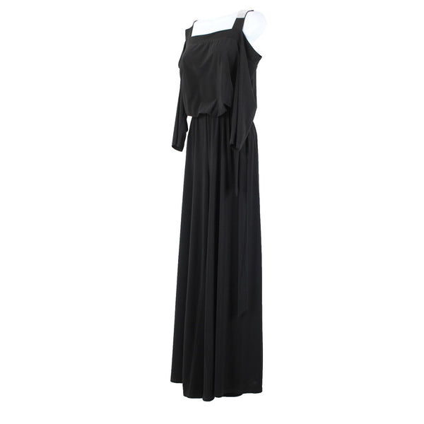 S Levine Sz M Black Rhinestone Off Shoulder Wide Leg Polyester Spandex Jumpsuit