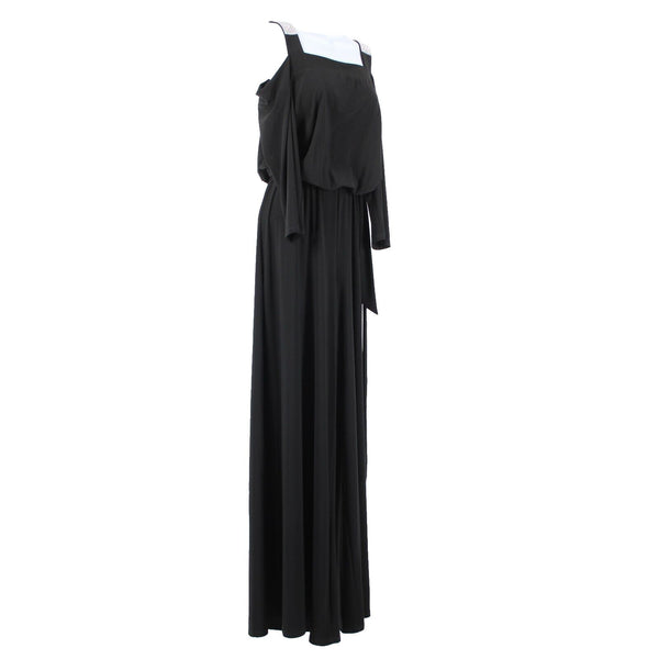 S Levine Sz M Black Rhinestone Off Shoulder Wide Leg Polyester Spandex Jumpsuit