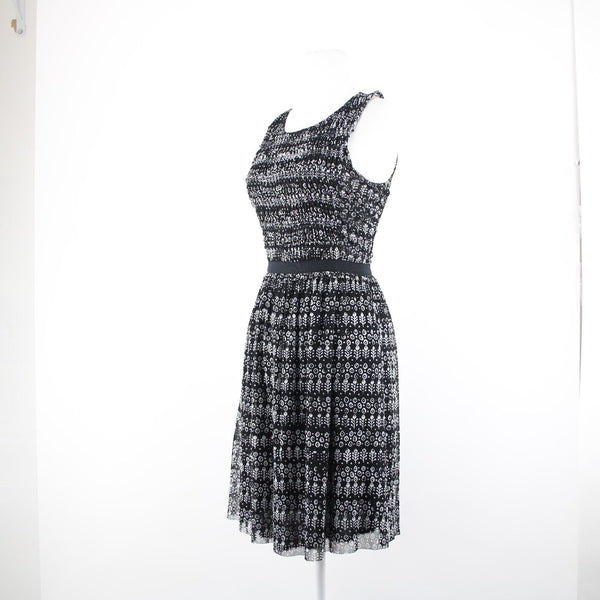 9-H15 STCL Sz XS Black White Ruffle Lined 100% Nylon Rayon Dress