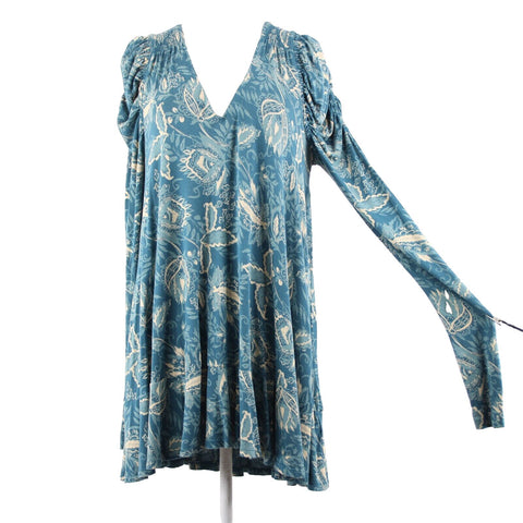 Free People Sz SP Teal Bue Cream V Neck Ruffle Hi Lo Viscose Elastane Dress