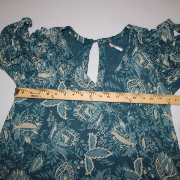 Free People Sz SP Teal Bue Cream V Neck Ruffle Hi Lo Viscose Elastane Dress