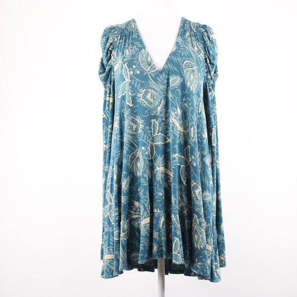 Free People Sz SP Teal Bue Cream V Neck Ruffle Hi Lo Viscose Elastane Dress