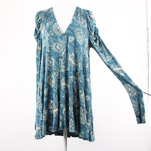 Free People Sz SP Teal Bue Cream V Neck Ruffle Hi Lo Viscose Elastane Dress