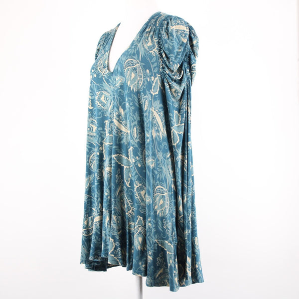 Free People Sz SP Teal Bue Cream V Neck Ruffle Hi Lo Viscose Elastane Dress