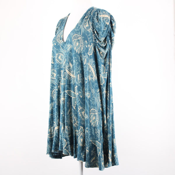 Free People Sz SP Teal Bue Cream V Neck Ruffle Hi Lo Viscose Elastane Dress