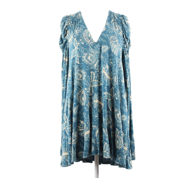 Free People Sz SP Teal Bue Cream V Neck Ruffle Hi Lo Viscose Elastane Dress
