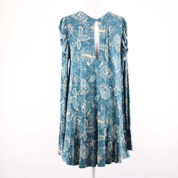 Free People Sz SP Teal Bue Cream V Neck Ruffle Hi Lo Viscose Elastane Dress