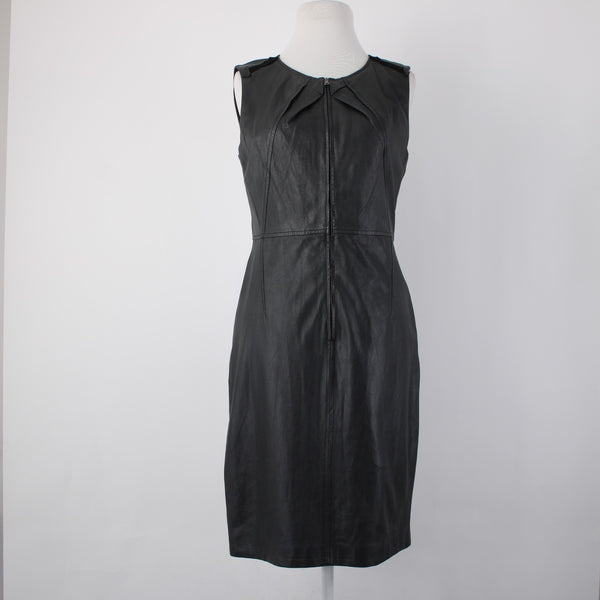 Elie Tahari Dress Sz 8 Black Sleeveless Zipper 100% Leather Poly Bodycon Dress