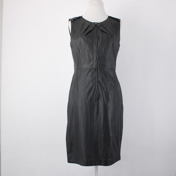 Elie Tahari Dress Sz 8 Black Sleeveless Zipper 100% Leather Poly Bodycon Dress