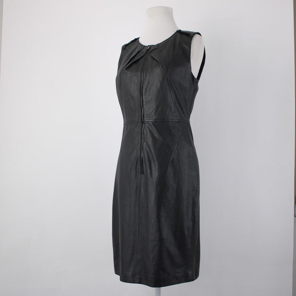 Elie Tahari Dress Sz 8 Black Sleeveless Zipper 100% Leather Poly Bodycon Dress