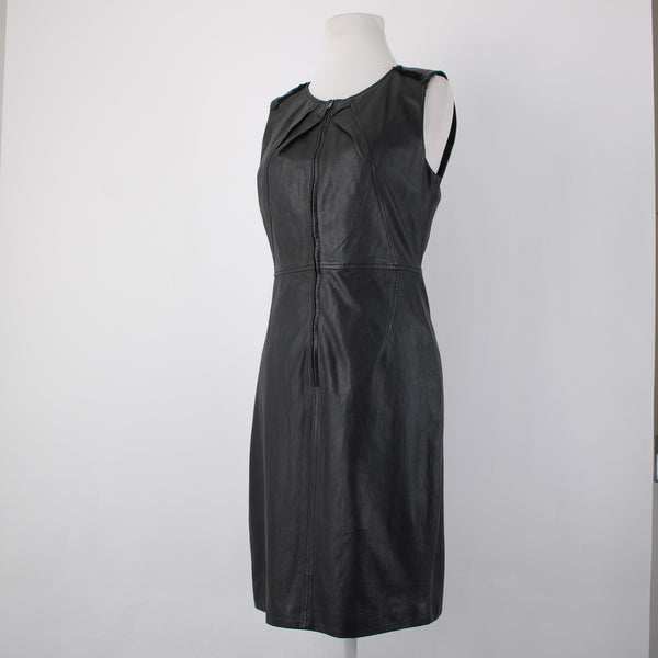 Elie Tahari Dress Sz 8 Black Sleeveless Zipper 100% Leather Poly Bodycon Dress