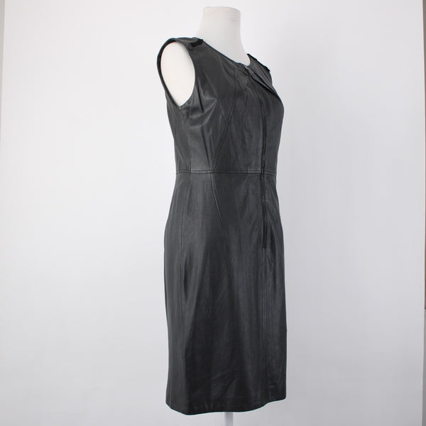 Elie Tahari Dress Sz 8 Black Sleeveless Zipper 100% Leather Poly Bodycon Dress