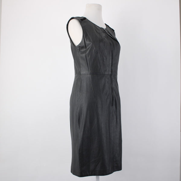Elie Tahari Dress Sz 8 Black Sleeveless Zipper 100% Leather Poly Bodycon Dress