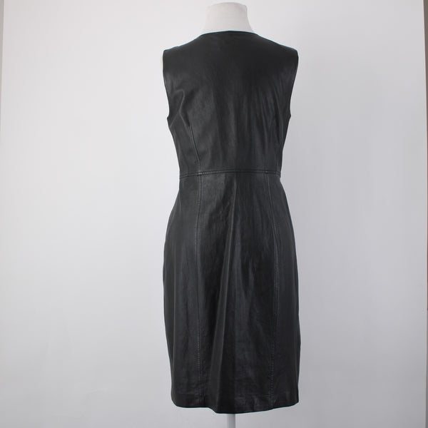 Elie Tahari Dress Sz 8 Black Sleeveless Zipper 100% Leather Poly Bodycon Dress